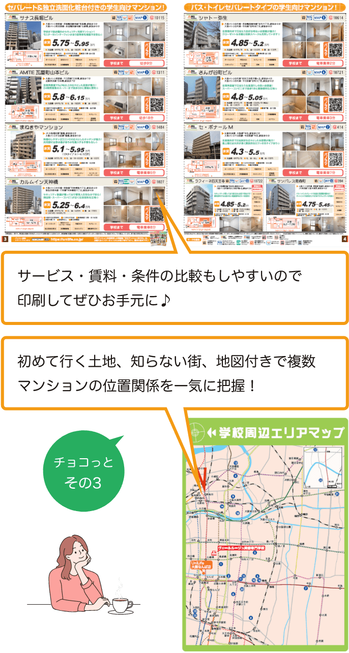 チョコっと　その3 サービス・賃料・条件の比較もしやすいので印刷してぜひお手元に♪初めて行く土地、知らない街、地図付きで複数マンションの位置関係を一気に把握！ 